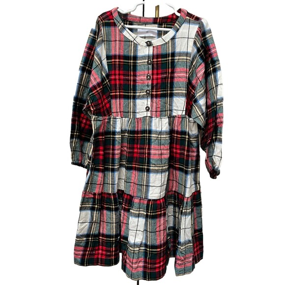 Old Navy Plaid Flannel Tiered Swing Dress Girl's Sz 8 Holiday Fall 100% Cotton - Picture 1 of 4